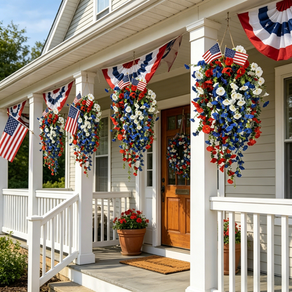 4th of July Decoration Tricolor Patriotic Artificial Flower with 3M LED light string,warm light Color,Button Remote Control