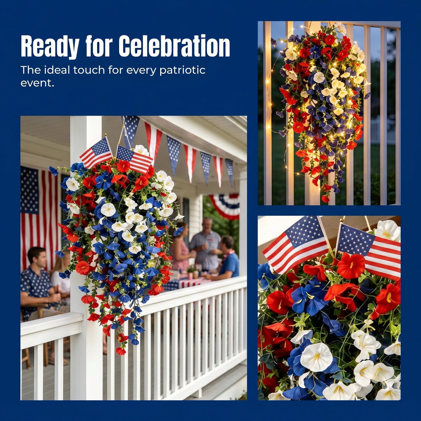 4th of July Decoration Tricolor Patriotic Artificial Flower with 3M LED light string,warm light Color,Button Remote Control