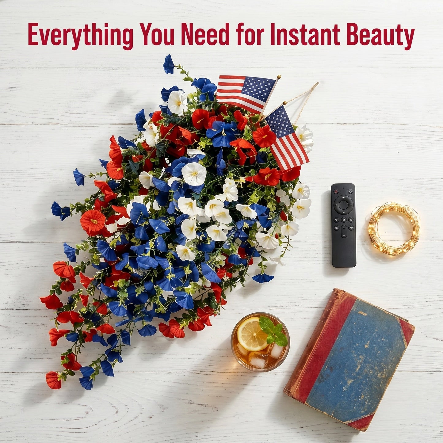 4th of July Decoration Tricolor Patriotic Artificial Flower with 3M LED light string,warm light Color,Button Remote Control